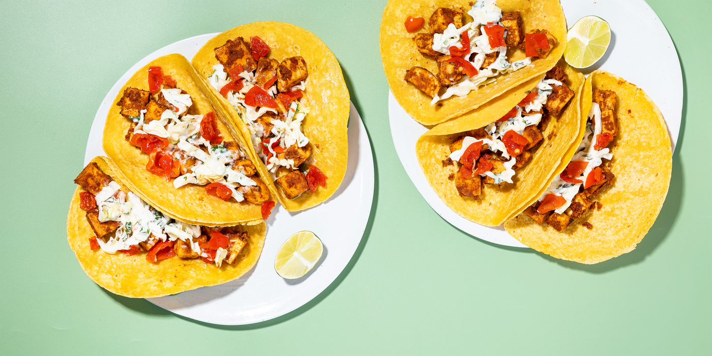 Chipotle Tofu Tacos with Creamy Cilantro Slaw & Sweet Pickled Peppers