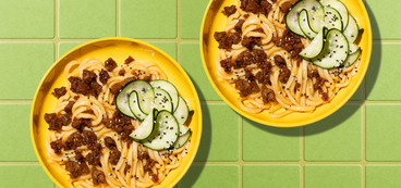 Sticky Apricot Seitan Noodles udon, ginger, cucumber salad