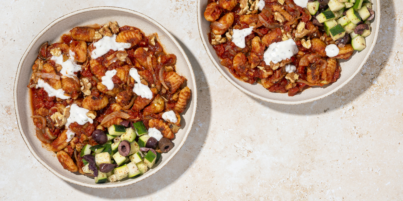 Turkish-Style Tomato Gnocchi with Toasted Walnuts & Cucumber Olive Salad