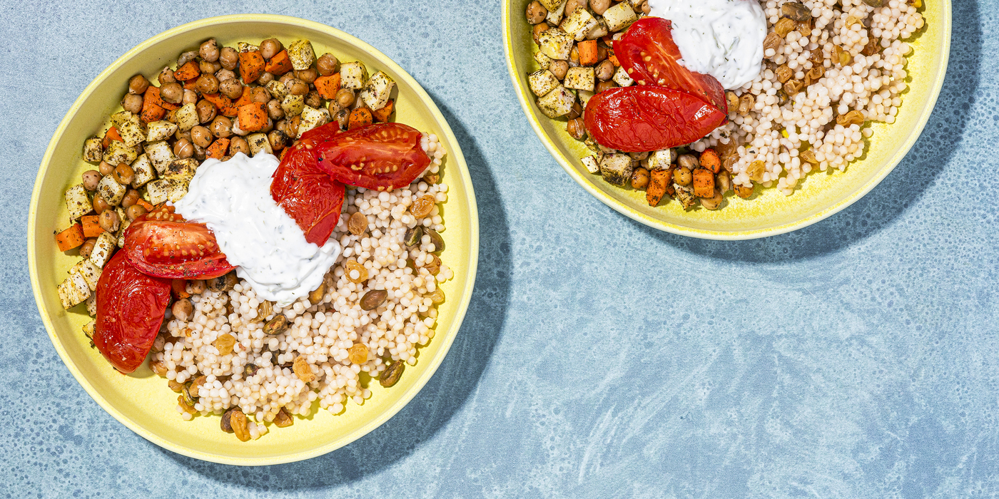 Za’atar Roasted Root Vegetables with Pistachio Couscous & Tzatziki