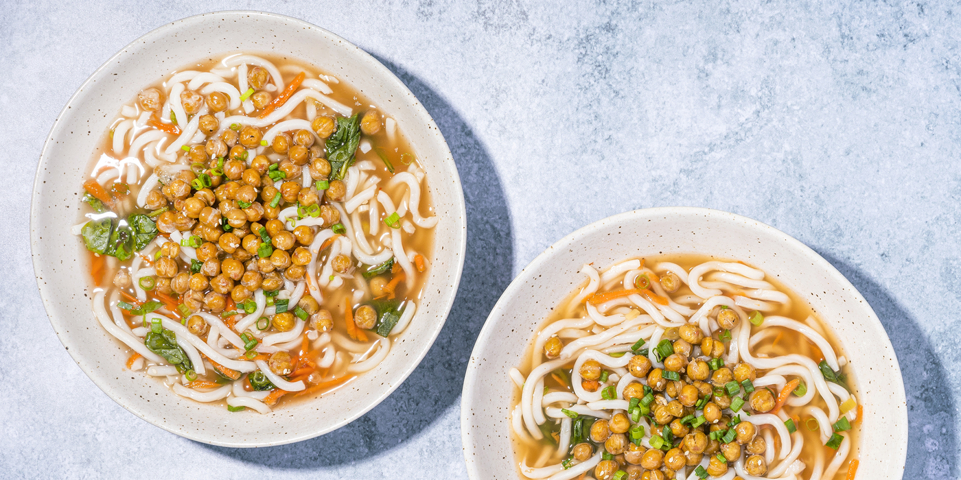 Sesame-Chickpea Udon Noodle Soup with Carrots & Spinach