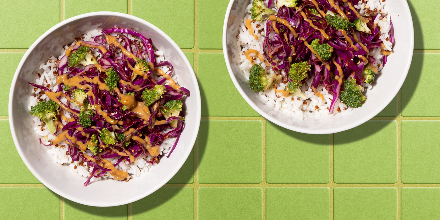 Broccoli Peanut Bowls quinoa-speckled rice, togarashi slaw