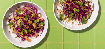 Broccoli Peanut Bowls quinoa-speckled rice, togarashi slaw