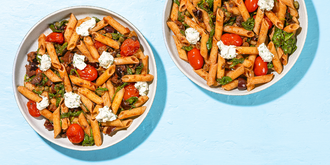 Penne alla Puttanesca with Blistered Tomatoes & Lemon Cashew Ricotta