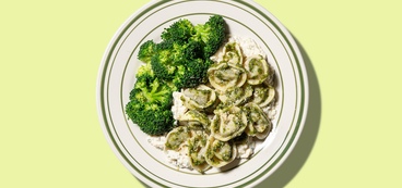 Portobello-Stuffed Tortellini tofu ricotta, broccoli, pesto