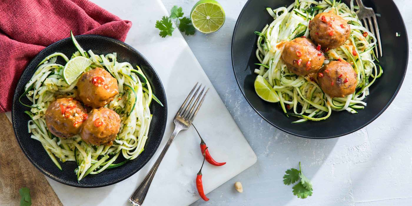 Thai Chickpea "Meatballs" with Ginger Lime Zucchini Noodles and Peanut Sauce