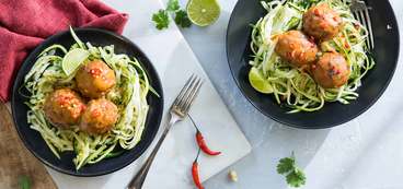 Thai Chickpea "Meatballs" with Ginger Lime Zucchini Noodles and Peanut Sauce