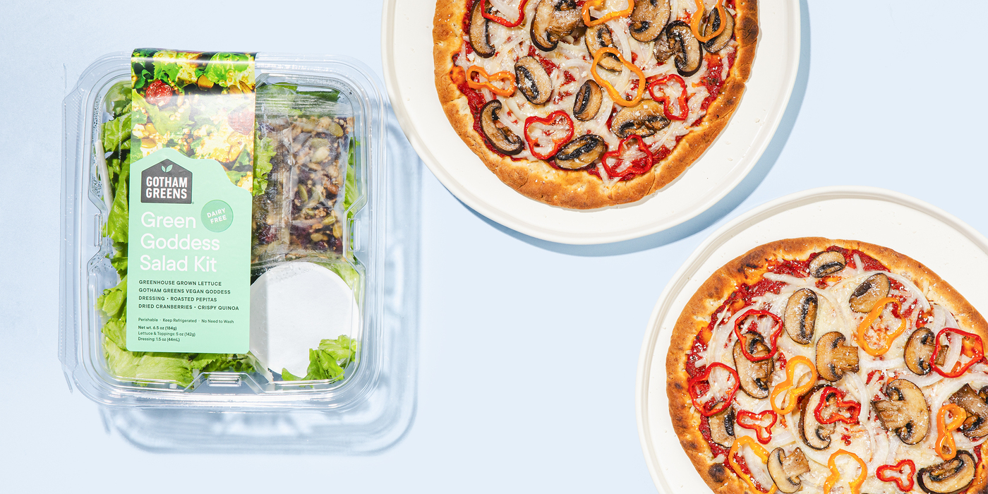 Mushroom & Pepper Pizzas featuring Gotham Greens' Green Goddess Salad