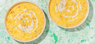 Spring Corn Chowder potatoes, lemon-dill crema