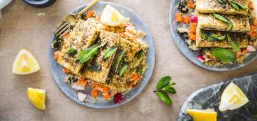 Tofu Halloumi with Grapeleaf Pilaf and Tangy Mint Reduction