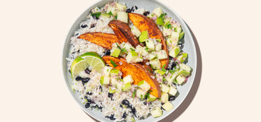 Caribbean Sweet Potatoes coconut rice, mango-apple salsa