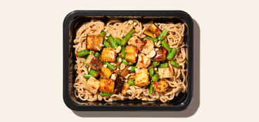 Peanut Tofu Ramen Bowl braised tofu, chili-garlic eggplant, green beans