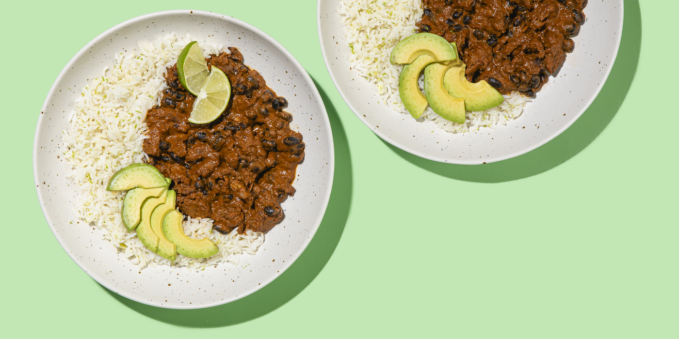 Chili con "Carne" Fable® shiitake protein, avocado, citrus rice