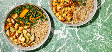 Sheet-Pan Bibimbap tofu, japanese yams, carrot-kale banchan