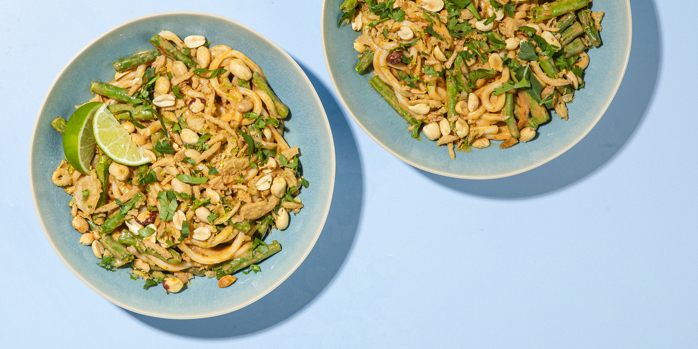 Thai Curry Udon with Green Beans & Onion-Lime Crunch