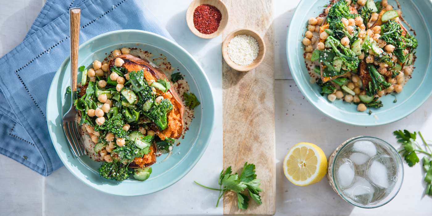 Stuffed Sweet Potatoes with Cucumber Chickpea Salad & Miso Tahini