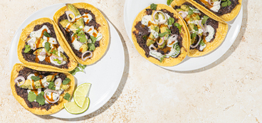 Crispy Avocado Tacos with Refritos & Cilantro Crema
