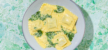 Mushroom Ravioli Alfredo artichoke, kale