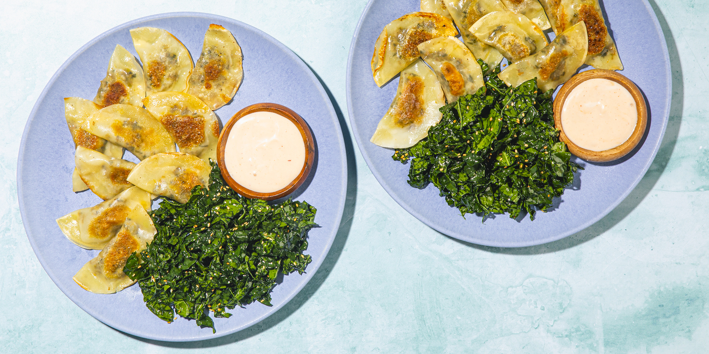 Kimchi-Mushroom Dumplings sesame-kale salad