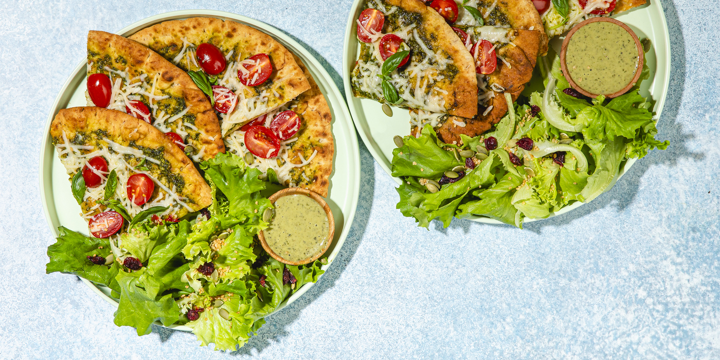 Caprese Pizzas featuring Gotham Greens’ Green Goddess Salad