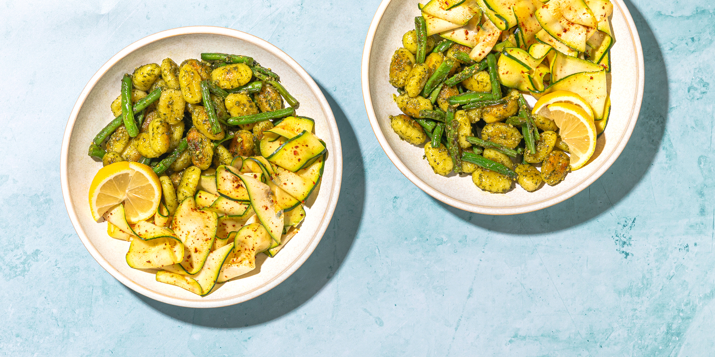 Gnocchi al Pesto charred green beans, lemon zucchini