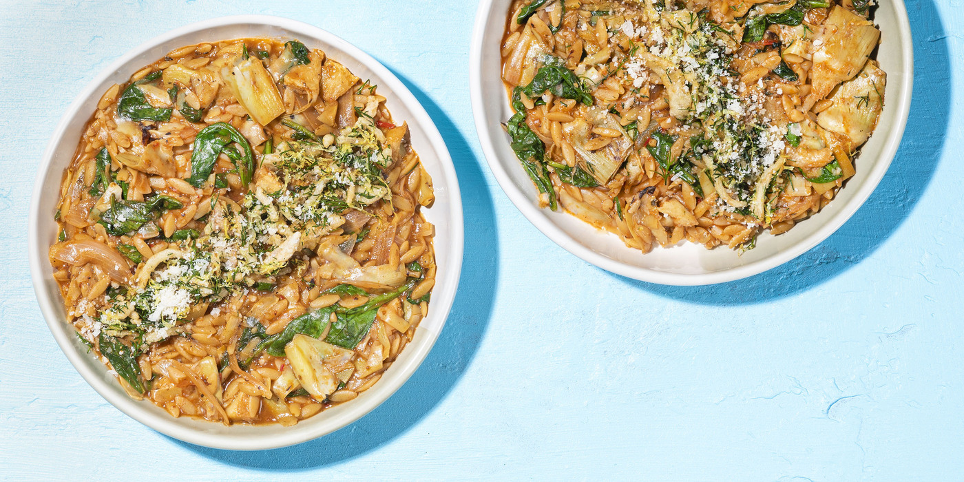 One-Pot Artichoke Orzo crispy lemon-dill onions, spinach, "parmesan"