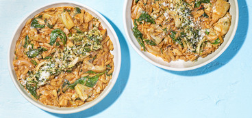 One-Pot Artichoke Orzo crispy lemon-dill onions, spinach, "parmesan"