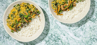 Masoor Dal coconut rice, lemon-garlic "butter" crisp