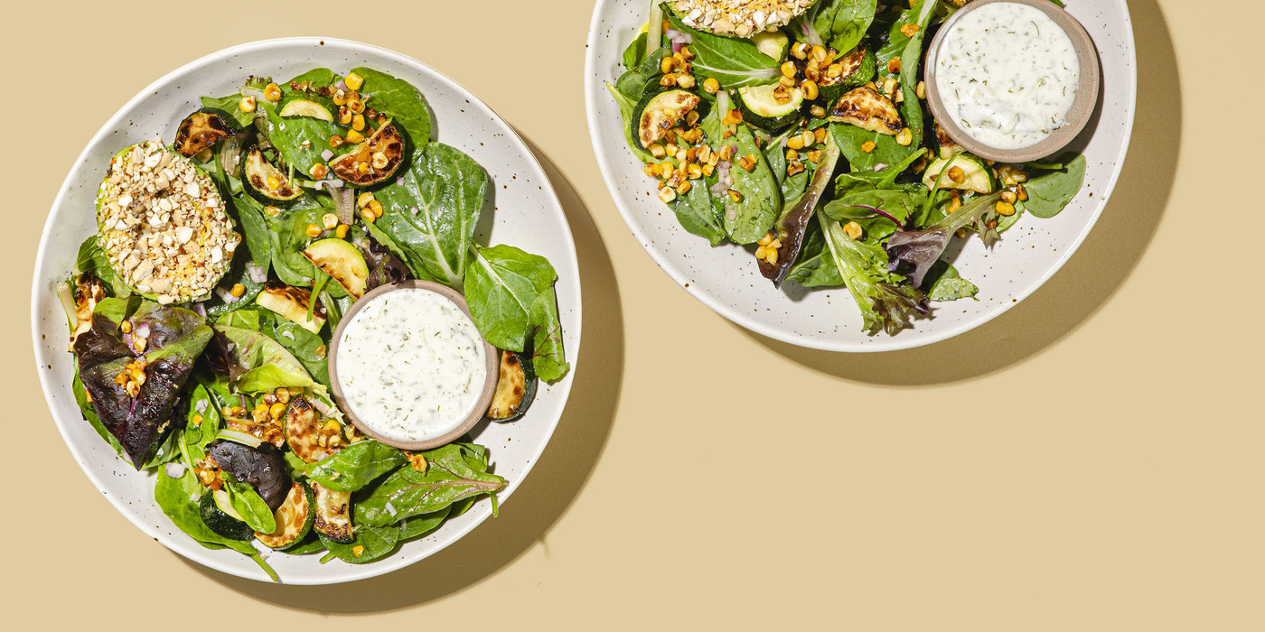 Charred Corn & Zucchini Salad cashew-crusted avocado, red wine vinaigrette, tzatziki