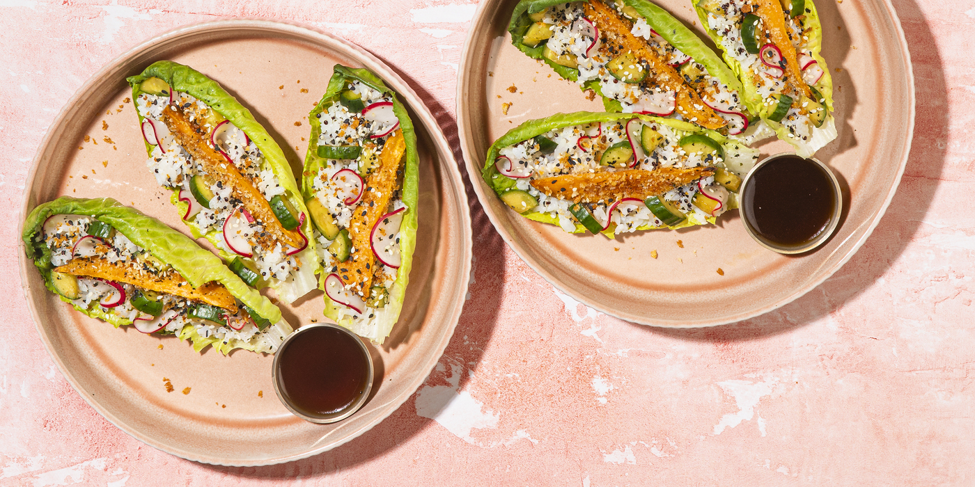 Tempura Roll Lettuce Cups roasted sweet potato, quinoa-speckled rice, ponzu pickles