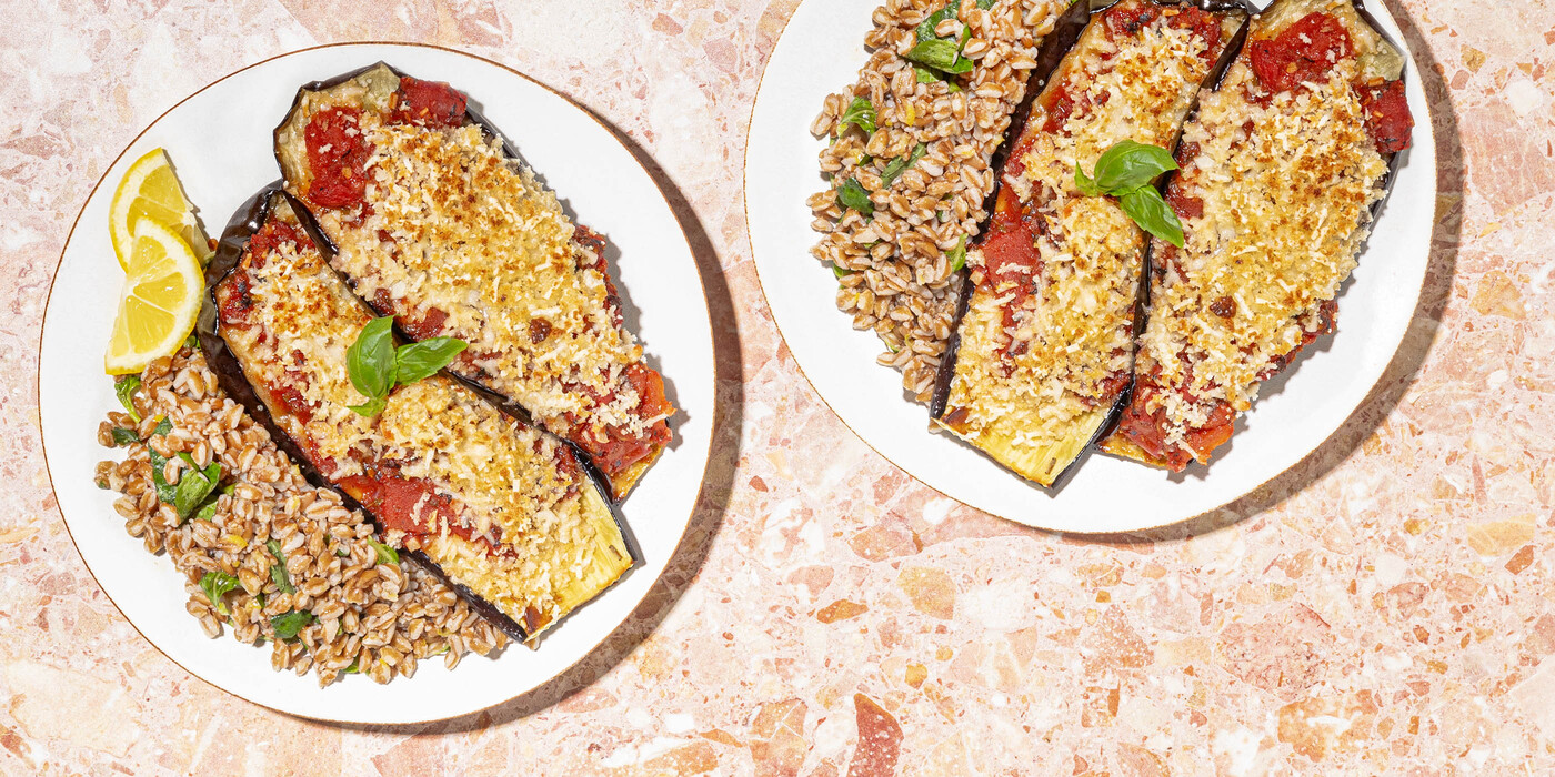 Eggplant Parmesan garlicky tomato sauce, lemon-basil farro