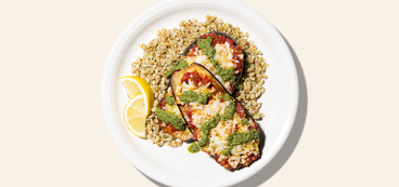 Eggplant "Parmesan" garlicky tomato sauce, lemon-pesto farro