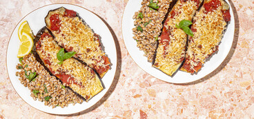 Eggplant Parmesan garlicky tomato sauce, lemon-basil farro