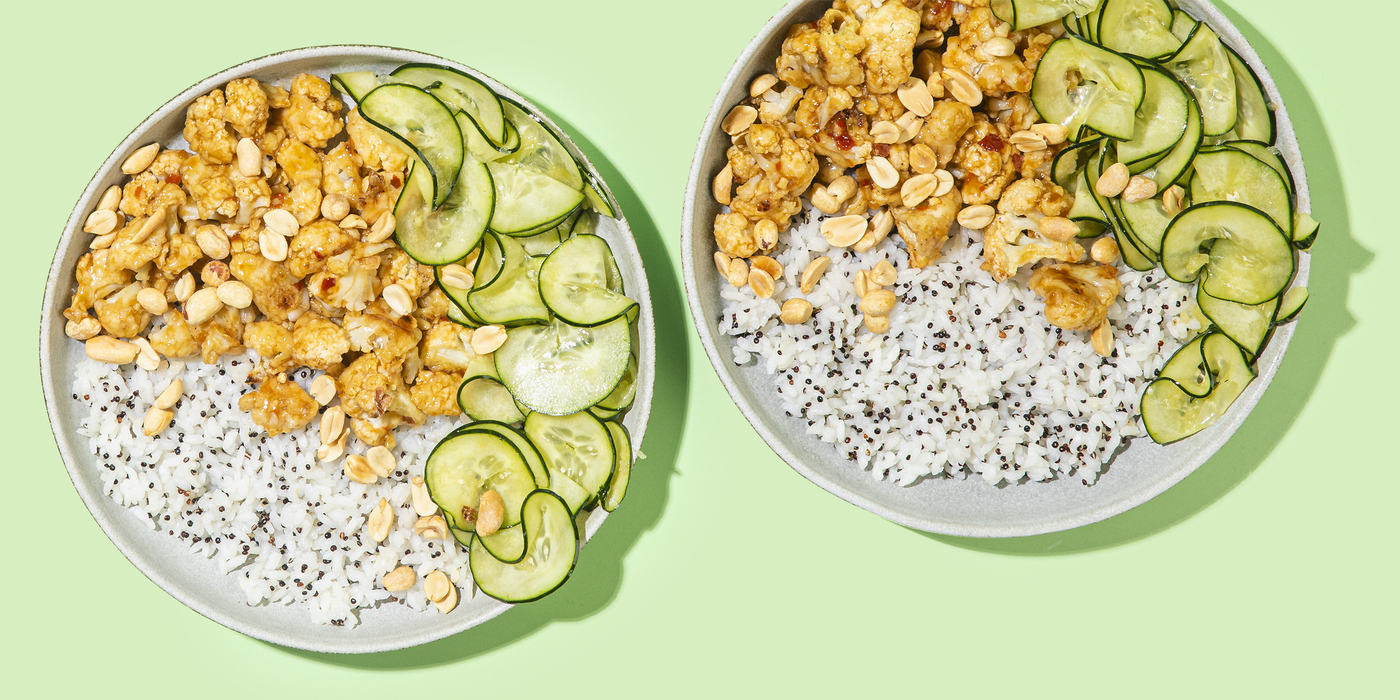 Kung Pao Cauliflower quinoa-speckled rice, garlic-sesame cucumbers