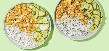 Kung Pao Cauliflower quinoa-speckled rice, garlic-sesame cucumbers