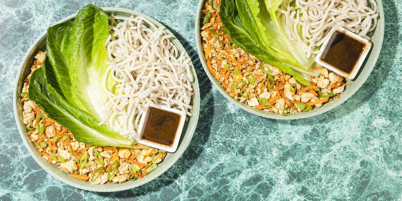 Fried Noodle Lettuce Cups ginger-garlic tofu & carrots, tamari sauce