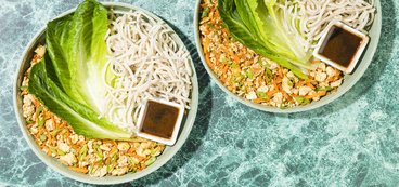 Fried Noodle Lettuce Cups ginger-garlic tofu & carrots, tamari sauce