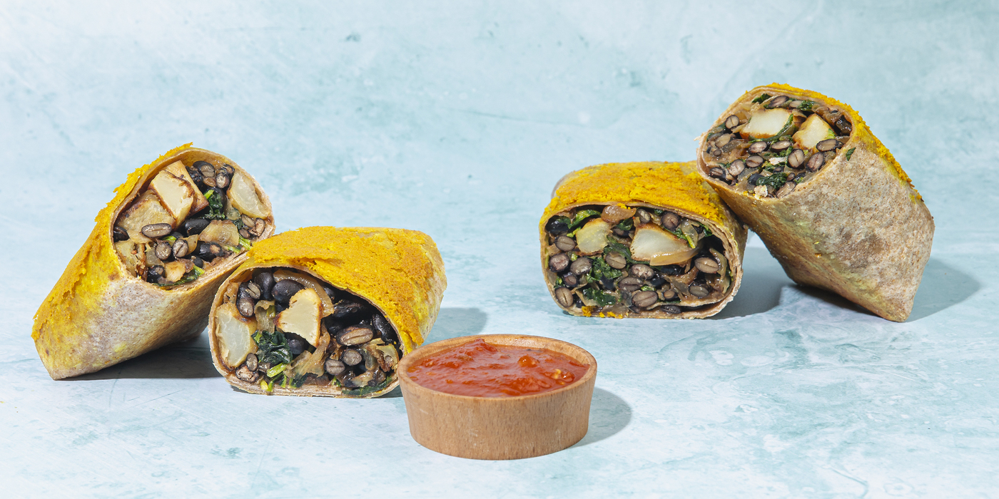 Crispy "Cheese" Burritos roasted potatoes, black beans & kale, tomato chutney
