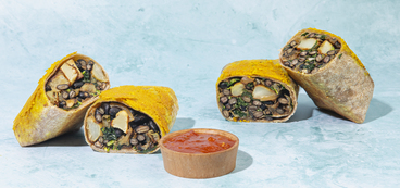 Crispy "Cheese" Burritos roasted potatoes, black beans & kale, tomato chutney