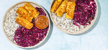 Coconut-Crusted Tofu quinoa-speckled rice, cabbage-date slaw, Thai peanut sauce