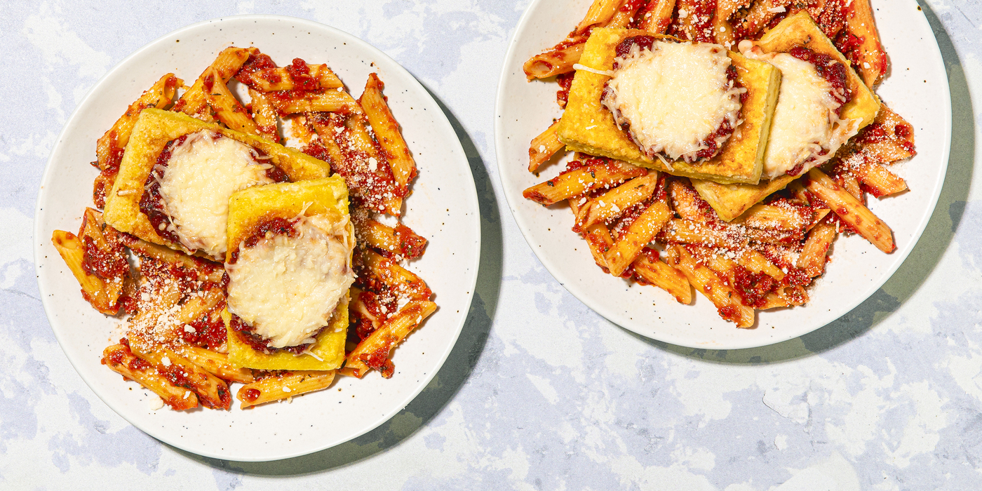 Tofu "Chicken" Parm gluten-free penne, pomodoro sauce