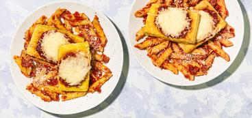 Tofu "Chicken" Parm gluten-free penne, pomodoro sauce