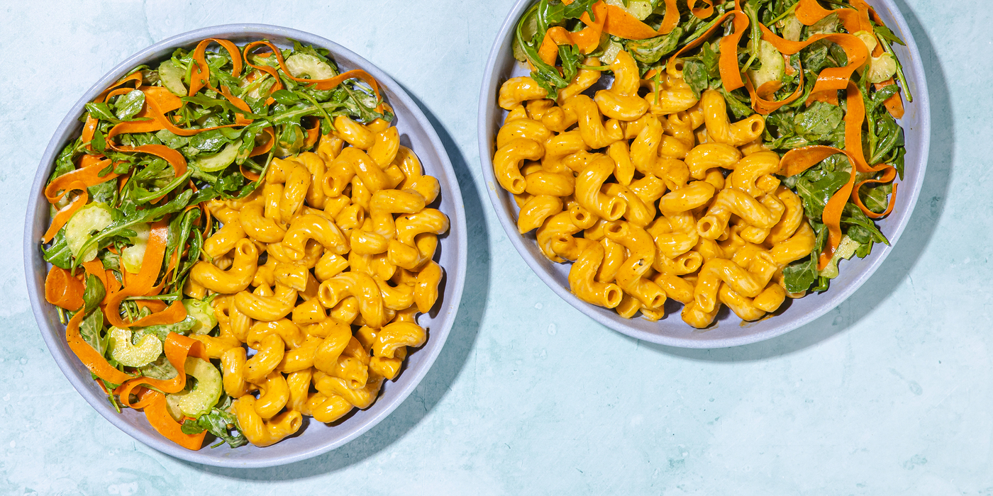 Buffalo Mac & "Cheese" cavatappi, arugula-carrot salad with ranch dressing