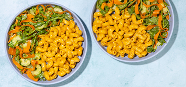 Buffalo Mac & "Cheese" cavatappi, arugula-carrot salad with ranch dressing