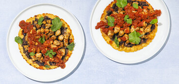 "Huevos" Rancheros Tostada tofu, black beans, mojo rojo