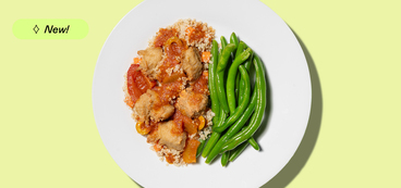 Moroccan "Chicken" quinoa, spiced tomato, green beans