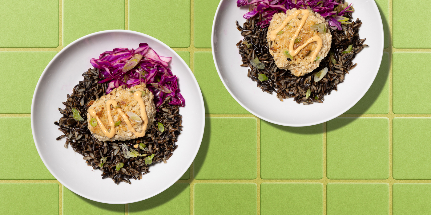 "Crab" Cakes wild rice, lime butter, red cabbage slaw