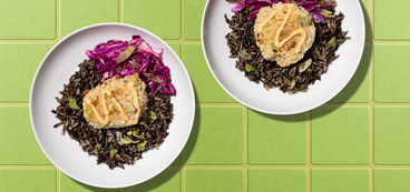 "Crab" Cakes wild rice, lime butter, red cabbage slaw