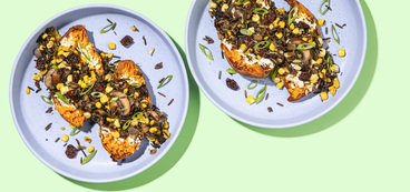 Wild Rice Stuffed Sweet Potatoes cashew cheese, mushrooms-cherry wild rice filling
