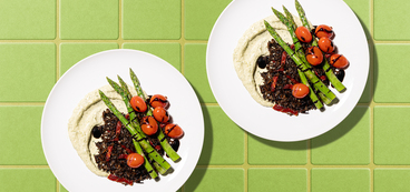 Charred Asparagus Wild Rice Bowls sun-dried tomatoes, pesto-tahini